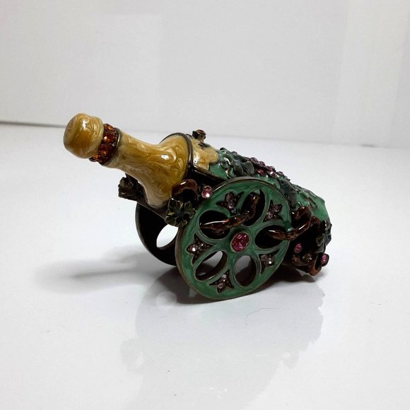 Wine Bottle Cart Stash Pill Trinket Box Enameled Brass Crystals - Picture 1 of 7